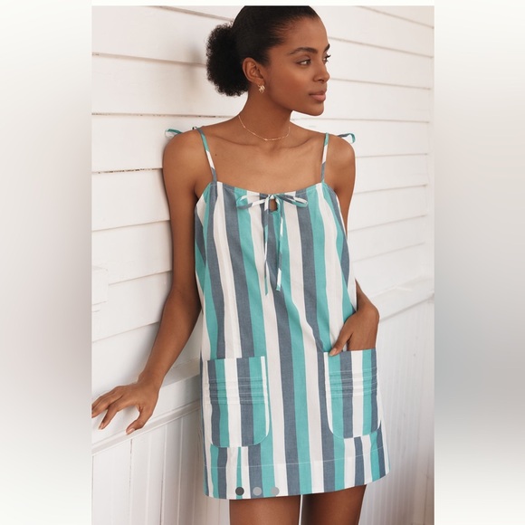 Anthropologie Dresses & Skirts - NWT By Anthropologie Aqua/Gray/White Striped Cotton Shift Dress Size Small